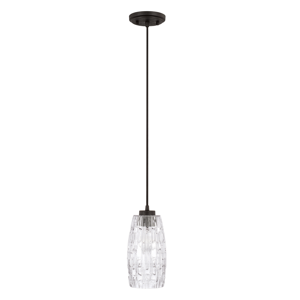 1LT Pendant with Black Iron finish and clear embossed glass.