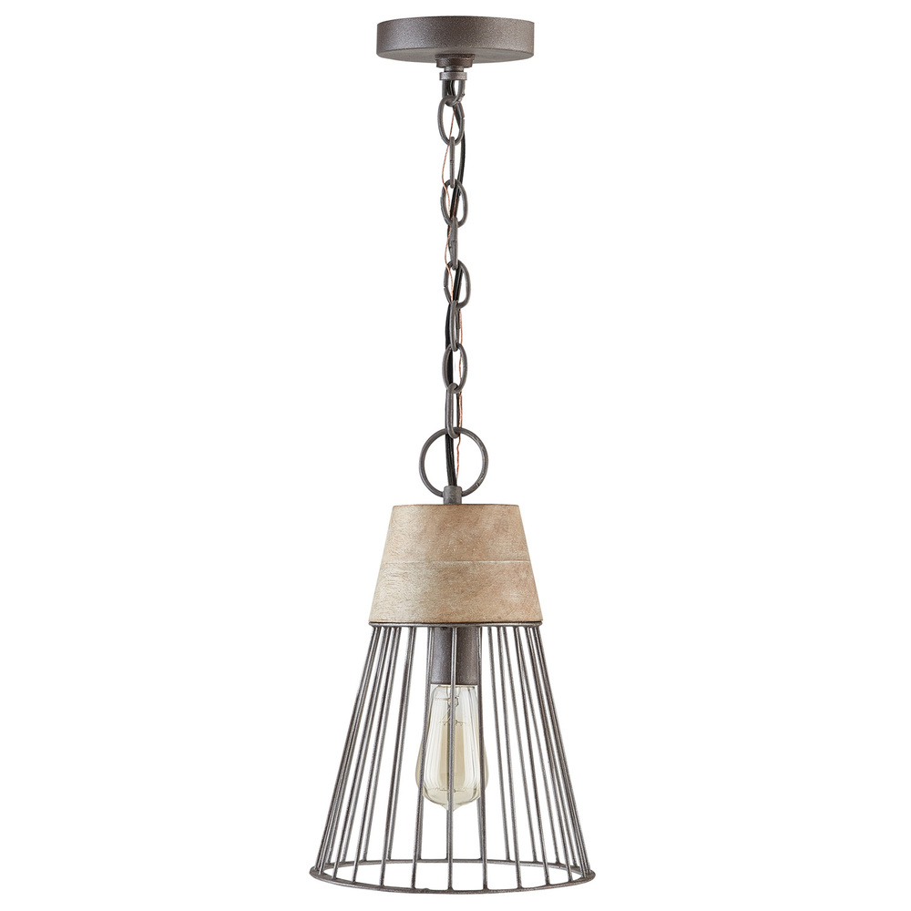 Urban Wash 1LT Pendant - Metal Cage with Mango Wood Accent
