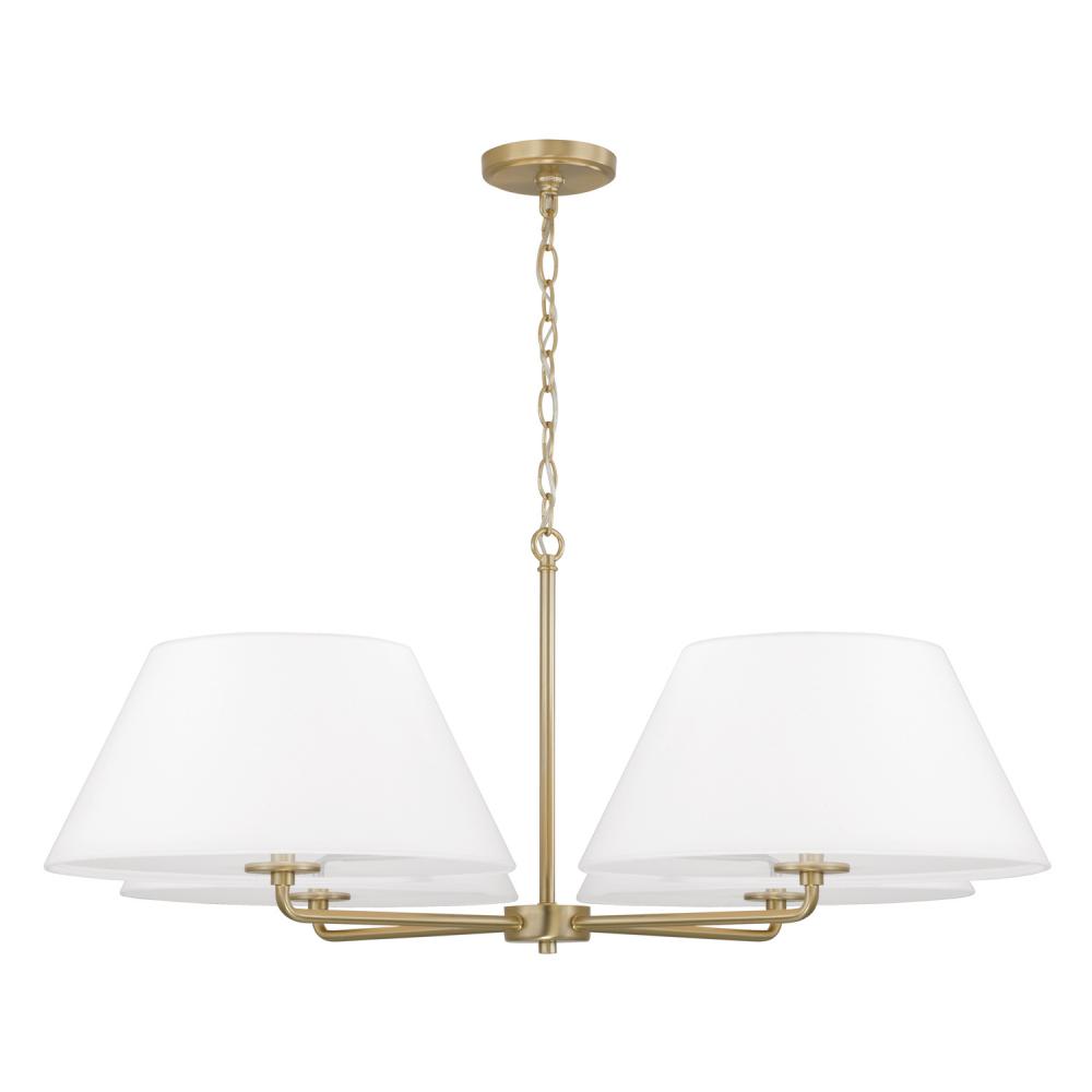 4-Light Chandelier in Matte Brass with White Fabric Shades and Glass Diffusers