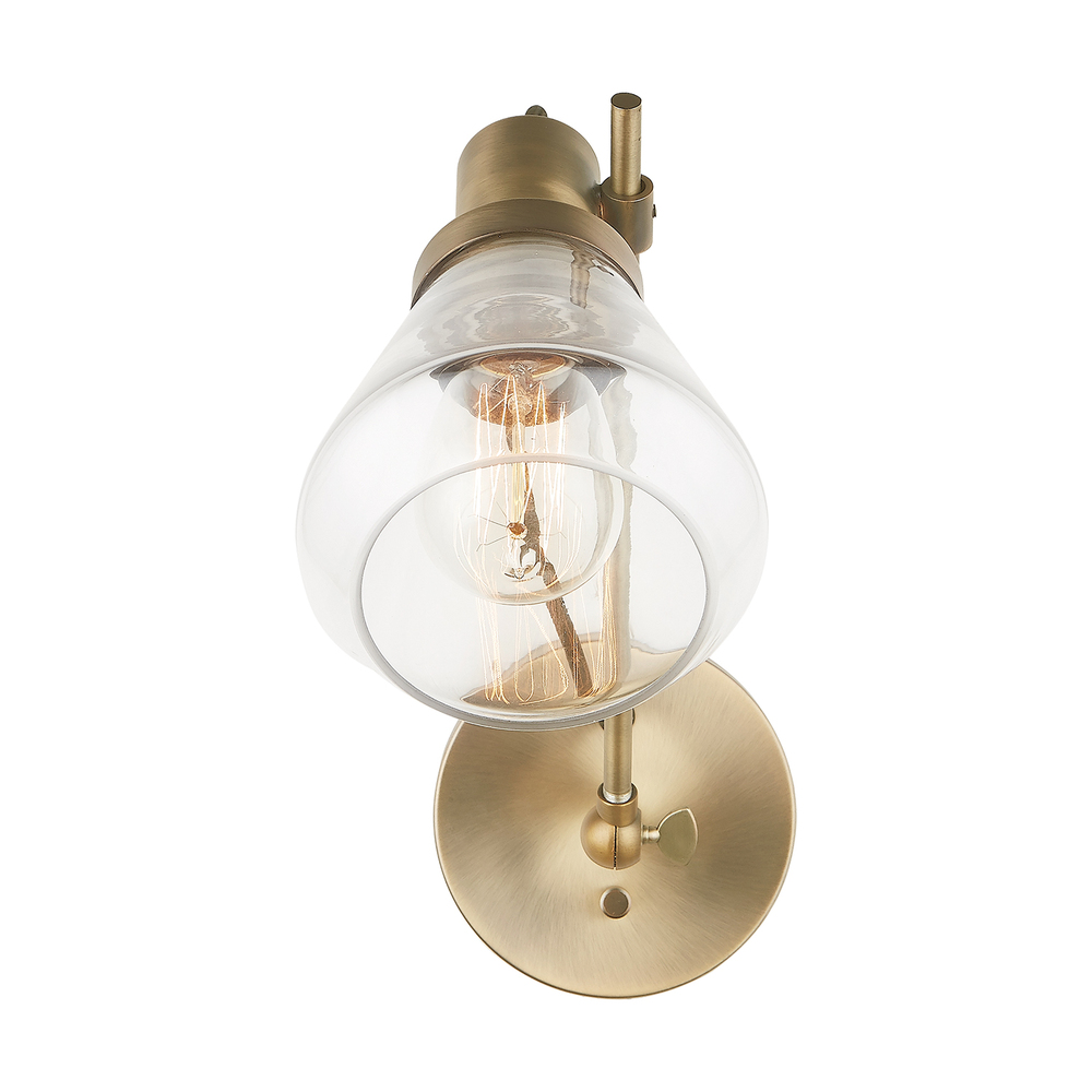 Adjustable Switched Wall Sconce - Aged Brass w/ Clear Glass - Optional Plug-In