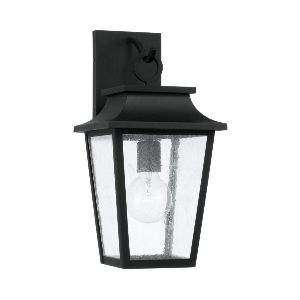 1-Light Outdoor Tapered Wall Lantern in Black with Ripple Glass
