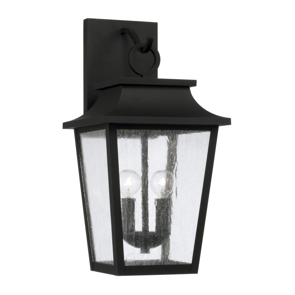 2-Light Outdoor Tapered Wall Lantern in Black with Ripple Glass