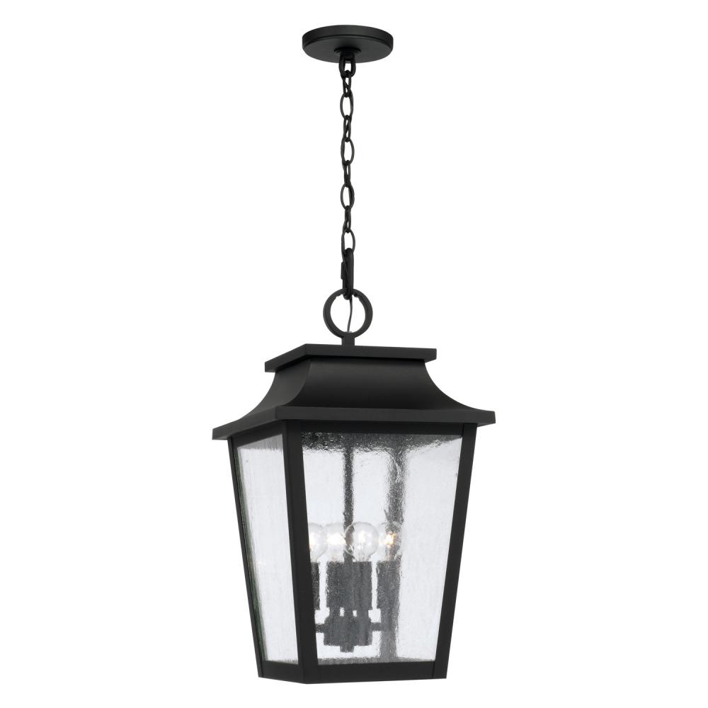 4-Light Outdoor Tapered Hanging Lantern in Black with Ripple Glass