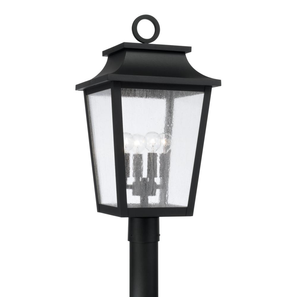 4-Light Outdoor Tapered Post Lantern in Black with Ripple Glass