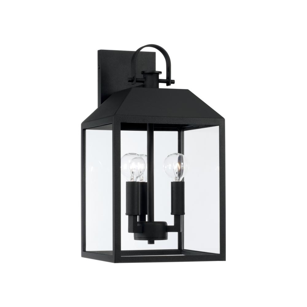 3-Light Outdoor Square Rectangle Wall Lantern in Black with Clear Glass