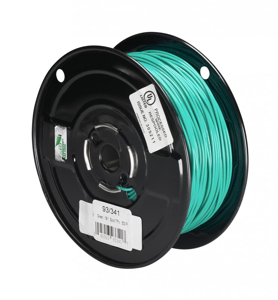 Bulk Wire; 18/1 Solid 105C AWM TFN-PVC; Nylon; 500 Foot/Spool; Green