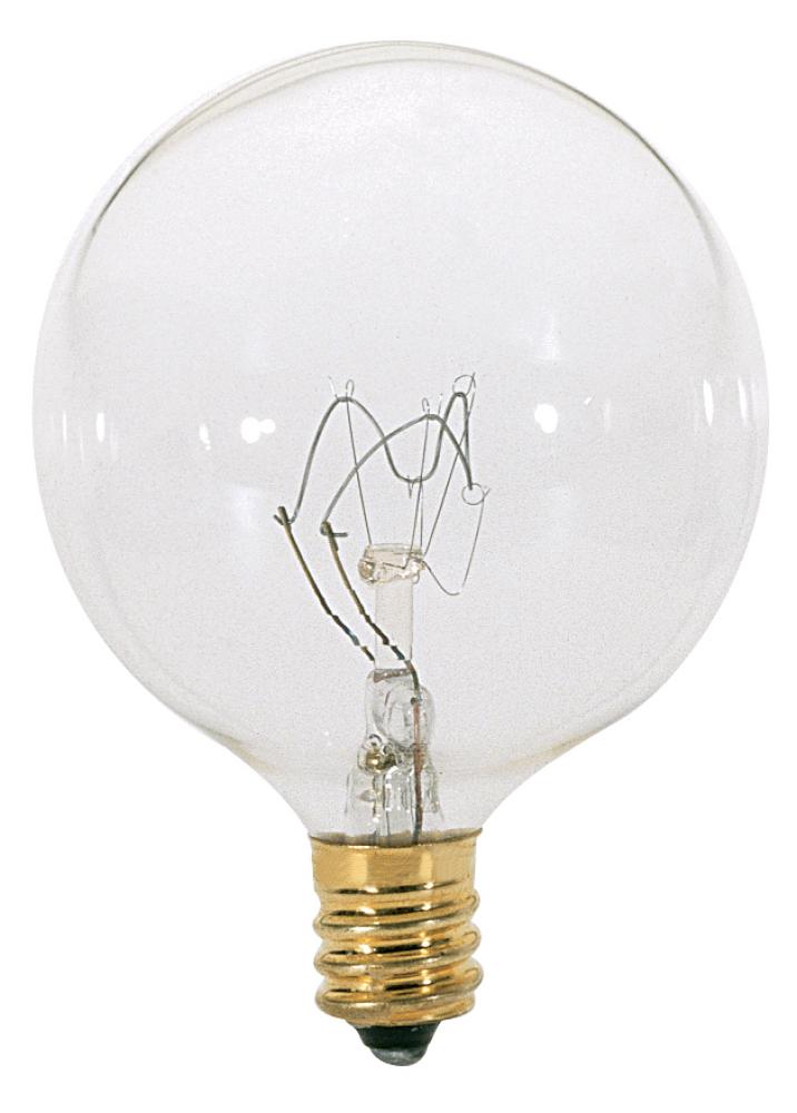 60 Watt G16 1/2 Incandescent; Clear; 1500 Average rated hours; 672 Lumens; Candelabra base; 120