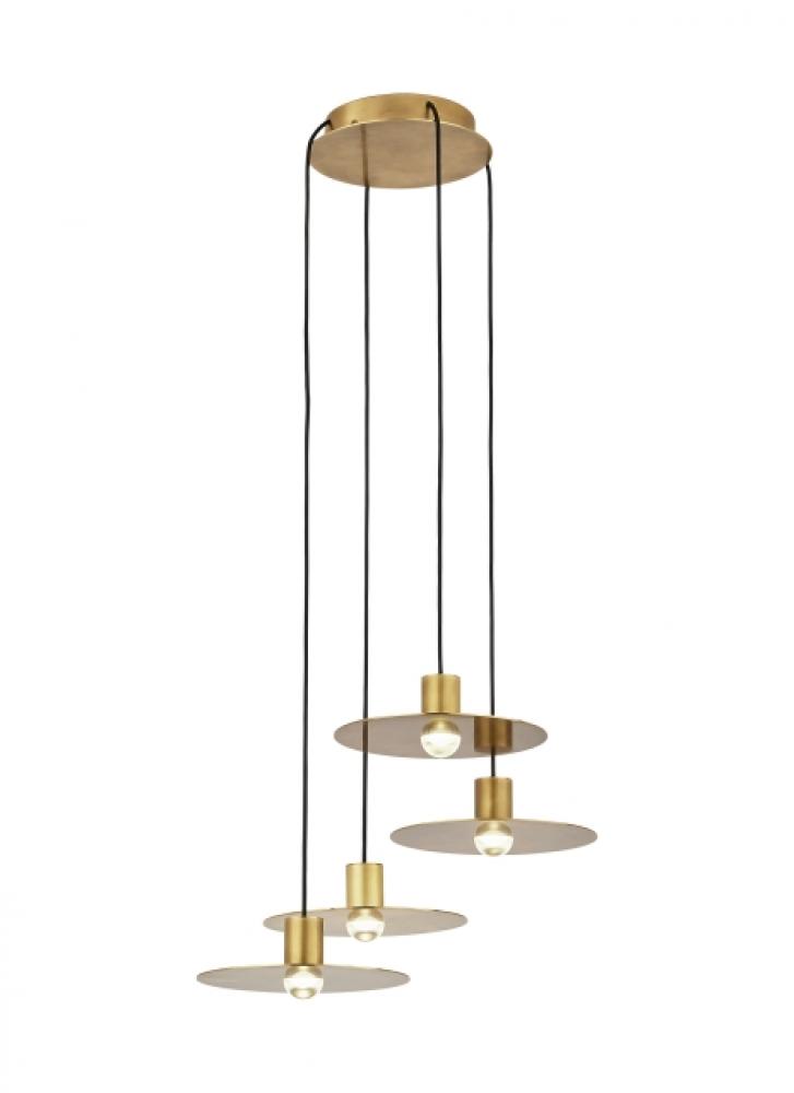 Modern Eaves Dimmable LED 4-light in a Natural Brass/Gold Colored Finish Ceiling Chandelier