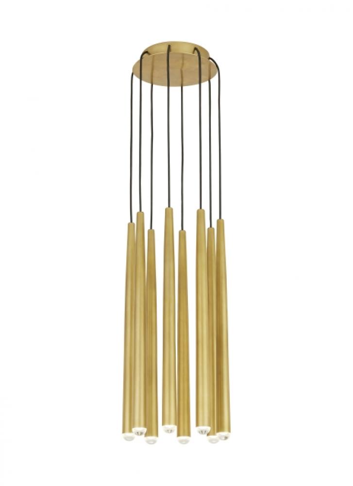 Modern Pylon Dimmable LED 8 Light Ceiling Chandelier in a Natural Brass/Gold Colored Finish